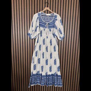 Daughter of India Dress Small Womens Blue White Boho Art Mishka Maxi Metallic